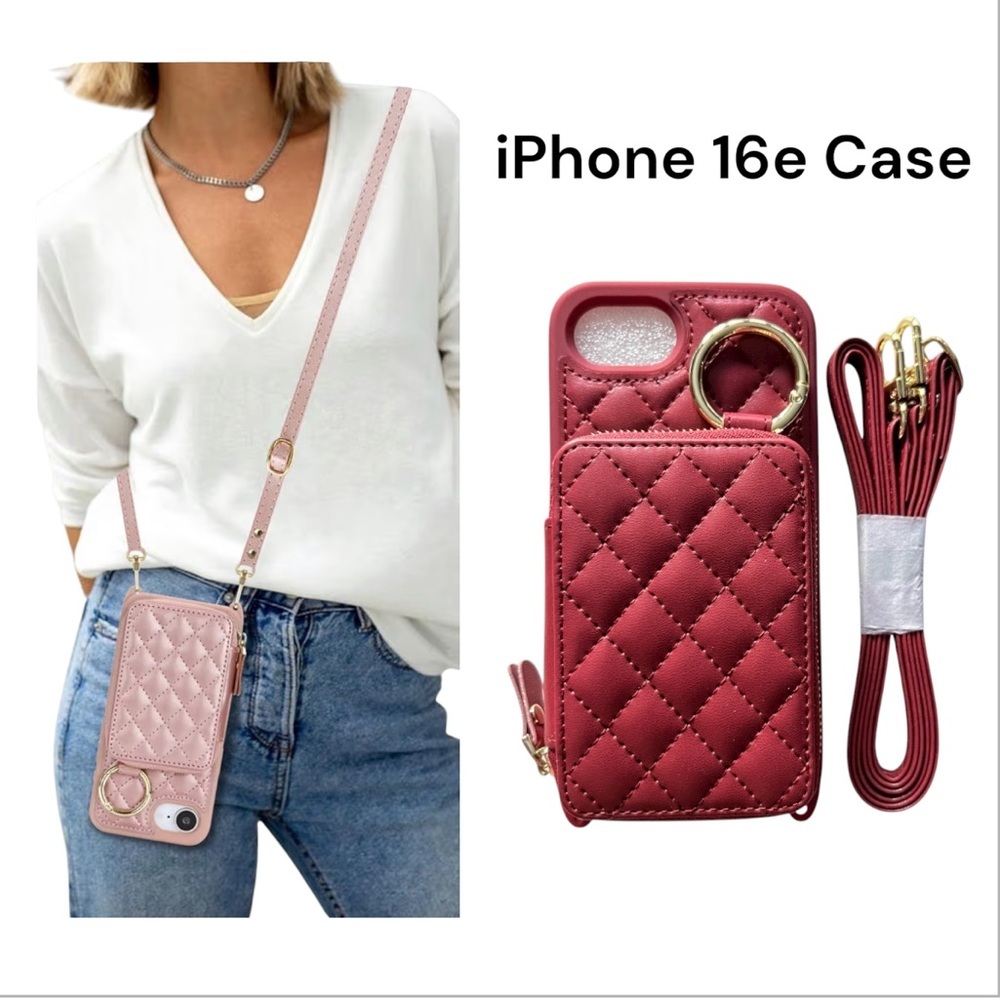 NIP Hamany iPhone 16e Wallet Card Case Crossbody With Strap Dark Red